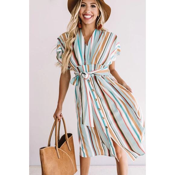 ODDY Dresses & Skirts - Oddy Multicolor Stripe Midi Dress | Smocked Waist | Button Front  | Size S